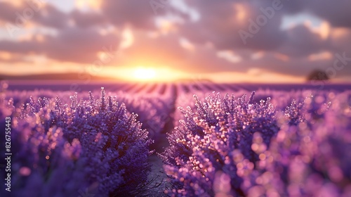 Landscape view of rows of lavender stretching to the horizon