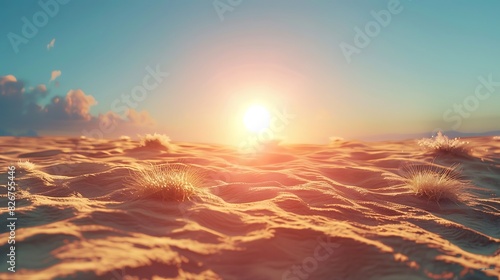 Landscape view of sand dunes under a blazing sun
