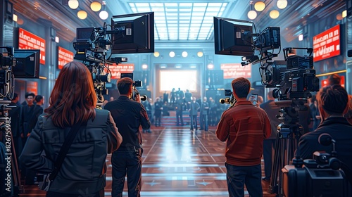 Illustration of a camera crew and equipment on a busy film set with bright lights in the background