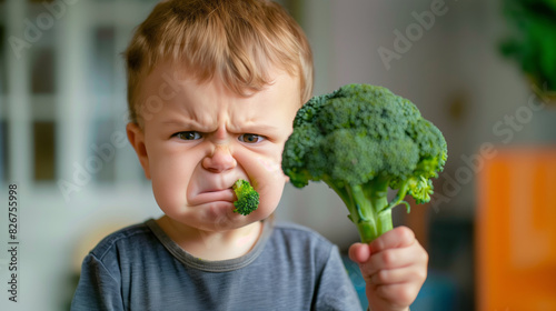 Unhappy toddler making a disgusted face while holding a piece of broccoli