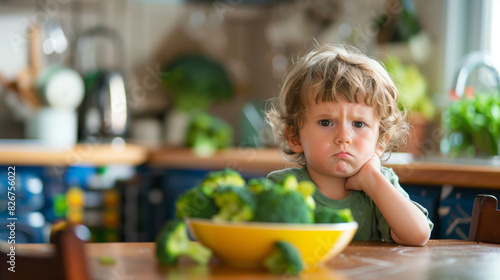 toddler sitting in front of a bowl of broccoli, refusing to eat