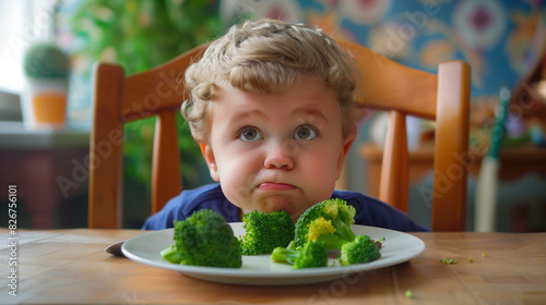 Toddler with a look of frustration trying to pick out broccoli from a meal