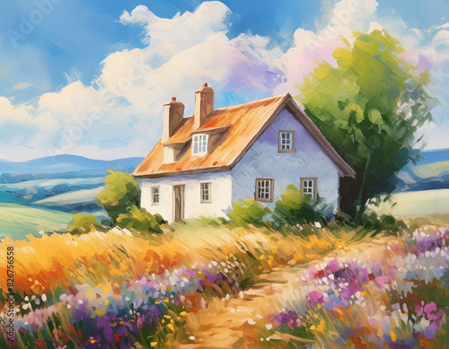 Dom na wsi namalowany obraz