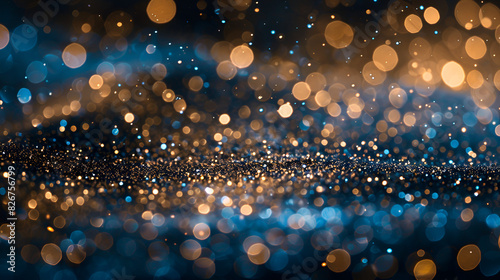 background of abstract glitter lights blue gold and black banner background of abstract glitter lights. gold, blue and black, Generative AI 