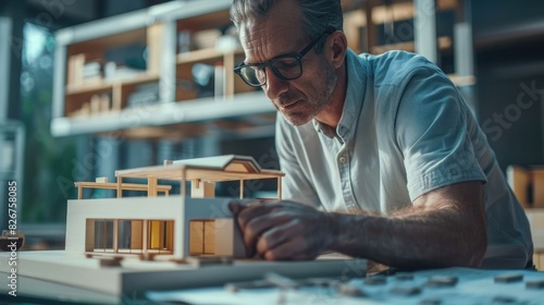 Closeup portrait of caucasian male architect engineer inspect and check house model construction with project plan and architectural model placed on table. Business design concept. Manipulator