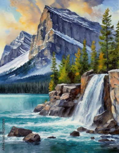 Namalowany wodospad i góry obraz