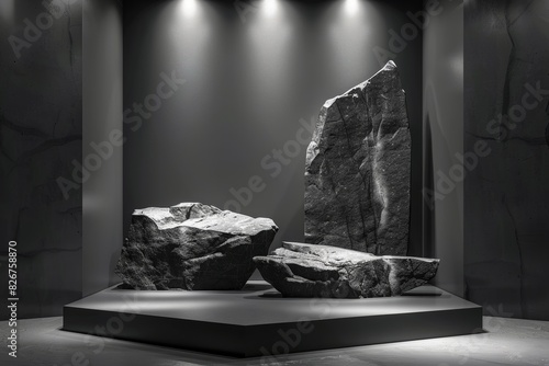A display of three large rocks in a dark room