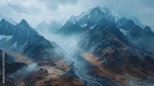 Landscape view of an ancient glacier winding through a mountain valley