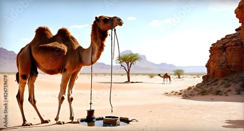 desert camel, A well in the desert, water problems, drought. Water shortages.