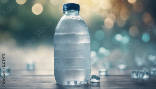 Clear Plastic Bottle Filled with Sparkling Water and Ice Cubes