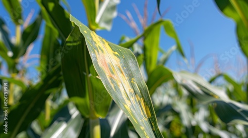 bacterial leaf streak causes yellow lesions on corn leaves, blue sky in the background, 16:9