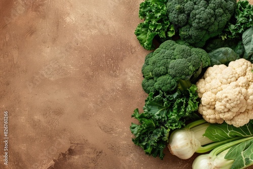 Colorful vegetables including broccoli, kale and cauliflower arranged on a brown background with copy space. A flat lay top view of healthy food