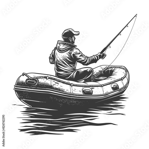 fisherman fishing using inflatable boat full body with engraving style black color only