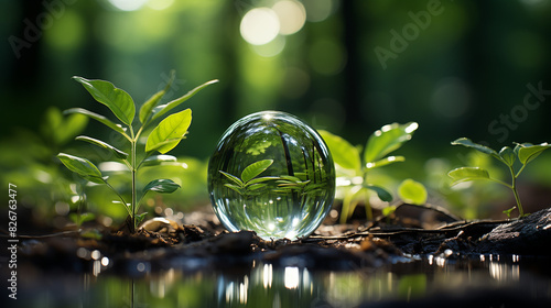Un globe en verre renfermant une scène de nature luxuriante, avec des feuilles vertes, des plantes en fleurs et de l'eau fraîche, symbolise la croissance et la beauté de l'environnement printanier.