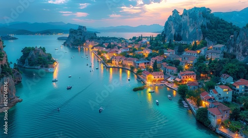 A panoramic view of a picturesque coastal town lit by the soft glow of twilight, complete with boats and rugged terrain