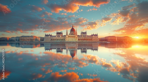 The famous Parliament building mirrored on a tranquil river during a captivating sunset with dramatic clouds