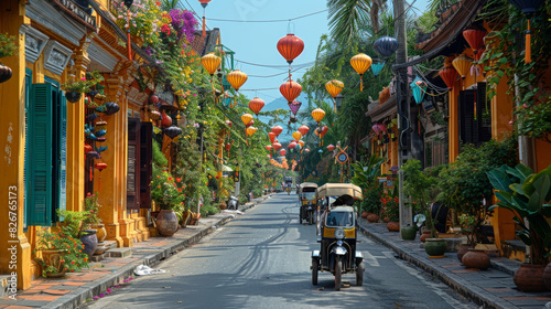 Colorful lanterns decorate a charming street in Asia with traditional architecture and a rickshaw