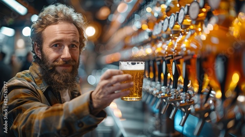 An individual with a beard is happily holding a fresh pint of beer in a bar with various beer taps in the background