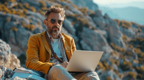 A faceless man in a vibrant jacket works on a laptop in a rocky mountainous outdoor setting