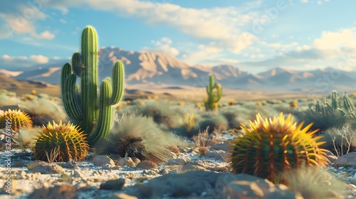 Landscape view of a rocky desert landscape with cacti and a clear sky