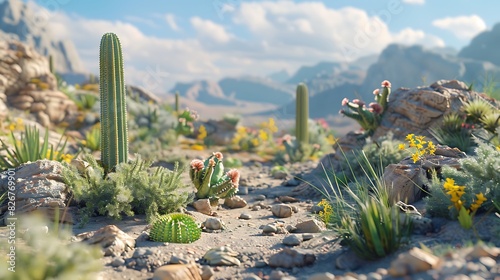 Landscape view of a rocky desert landscape with cacti