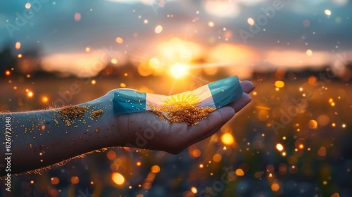 Argentina Independence Day. Argentina flag on the palm against a background of golden sparks. bokeh effect