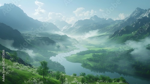 Landscape view of a mountain valley with a river and fog under a clear sky