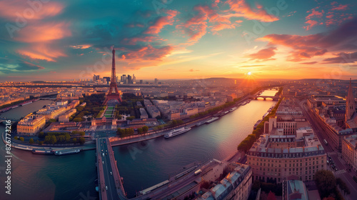Eiffel Tower and Seine River: Paris Aerial Panoramic View