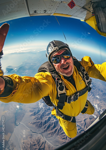 old man skydiving with guide, back view, adrenaline and adventure, parachute open in the sky, feeling of freedom, safety gear, tandem free fall, aerial view of the landscape below,