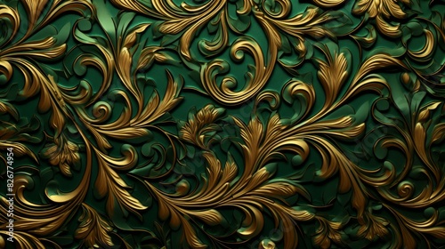 Exquisite Gold And Emerald Green Ornamental Background Texture. Generative AI