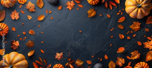 Autumn tabletop with pumpkins and leaves on dark background. Top view. Banner. Copy space. Concept of Thanksgiving decor, harvest, seasonal change, fall atmosphere. For greeting card, invitation