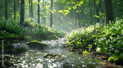 Landscape view of a lush forest with a babbling brook