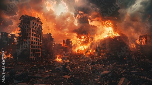 War and destroyed city with burning fire and smoke from earthquake, bomb blast. Modern abandoned city devastated by explosion and chaos. Concept of apocalypse. Judgement day, the end of the world