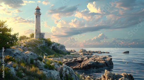 Landscape view of a historic lighthouse on a rocky coast