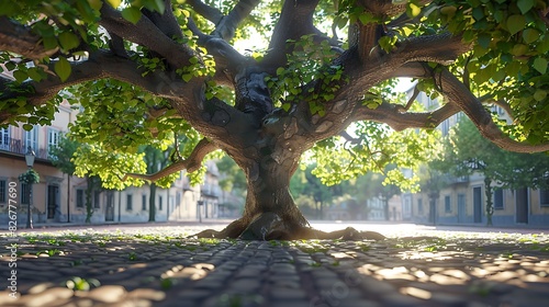 Landscape view of a historic tree in an urban square