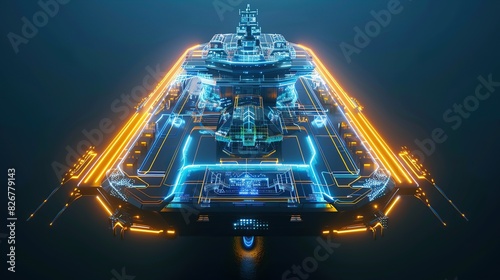 3D rendering illustration ship blueprint glowing neon hologram futuristic show technology security for premium product business finance transportation