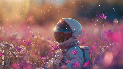 Cute little girl wearing an astronaut costume with a helmet, stars and flowers background