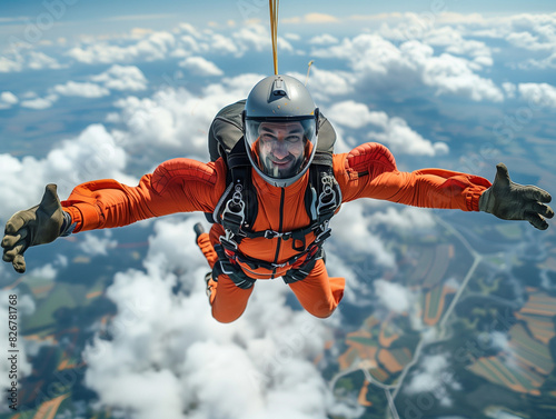 old man skydiving with guide, back view, adrenaline and adventure, parachute open in the sky, feeling of freedom, safety gear, tandem free fall, aerial view of the landscape below,