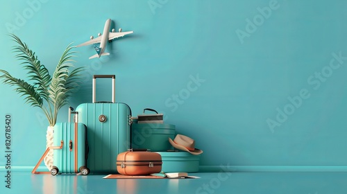 Luggage, planes, and a passport arranged on a blue background to create advertising media for tourism.