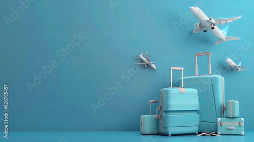 Luggage, planes, and a passport arranged on a blue background to create advertising media for tourism.