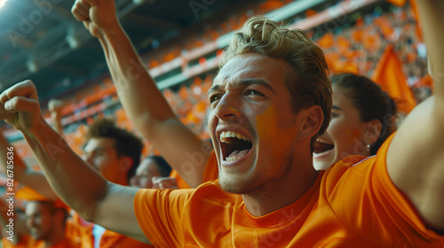 cheering soccer supporters orange shirt in soccer stadium