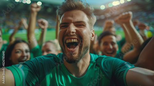 cheering soccer supporters green shirt in soccer stadium