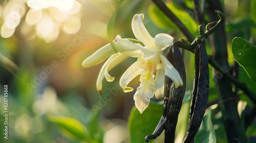 vanilla beans and flowers on vanilla plant on tree 