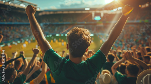 cheering soccer supporters green shirt in soccer stadium