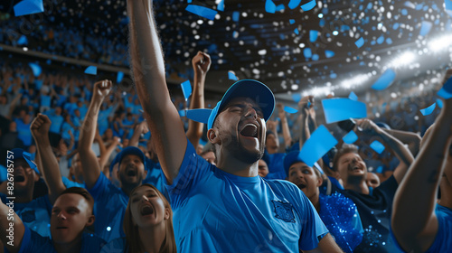 cheering soccer supporters blue shirt in soccer stadium