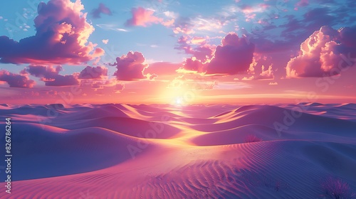 Landscape view of a desert landscape with sand dunes and a colorful sky