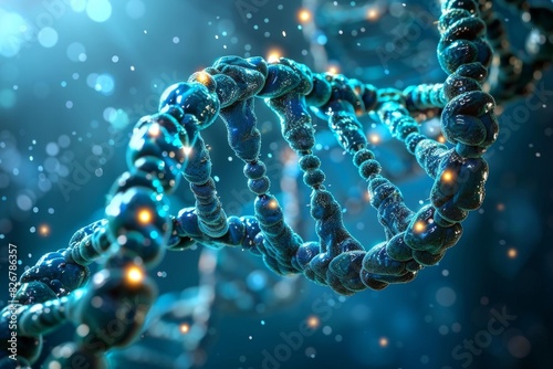 Deep blue helical DNA with dynamic lighting effects illustrates the continuous evolution of genetic research