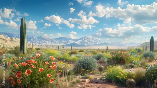 Landscape view of a desert landscape with blooming cacti