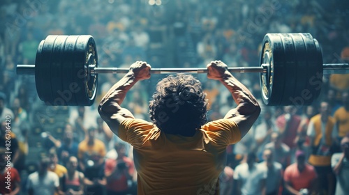 A powerful and intense moment in a weightlifting competition, capturing the strength, focus, and technique of the lifter as they hoist a heavy barbell, with a supportive crowd and determined atmospher