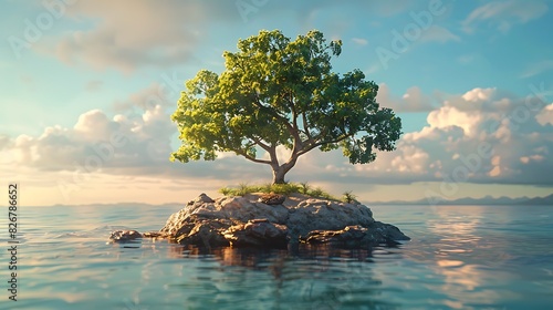 Landscape view of a desert island with a single tree